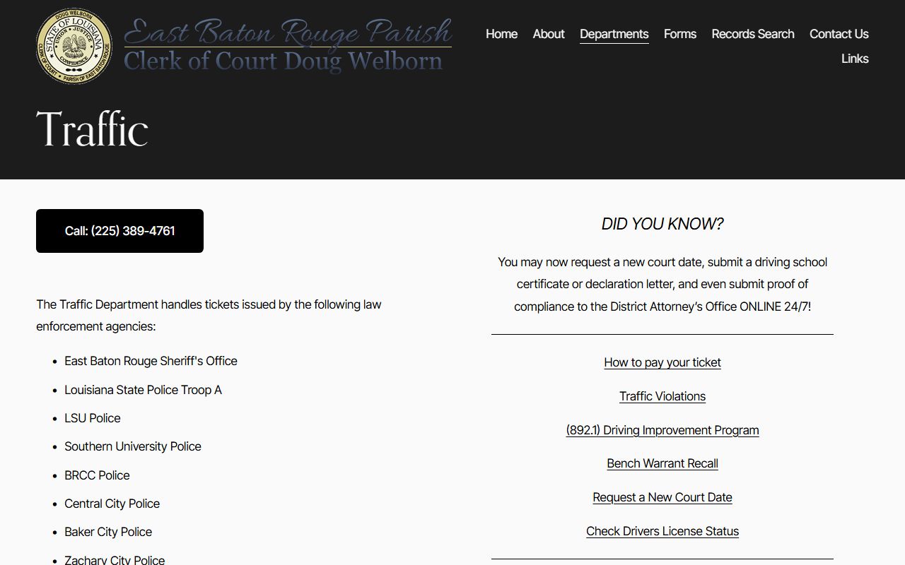 East Baton Rouge Clerk of Court traffic page for Central traffic records