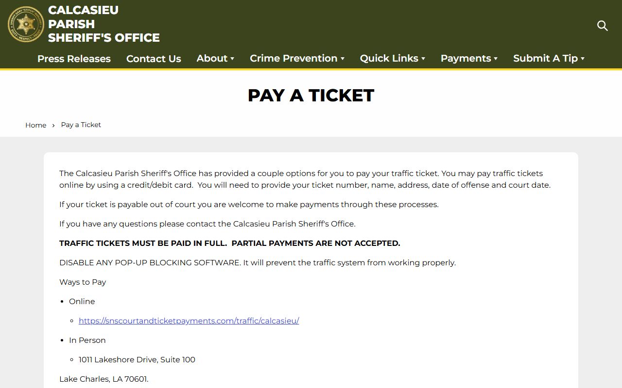 Calcasieu Parish Sheriff pay a ticket online page