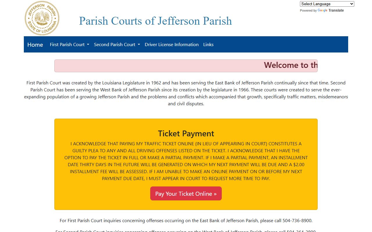 Jefferson Parish Courts website for Marrero traffic court records