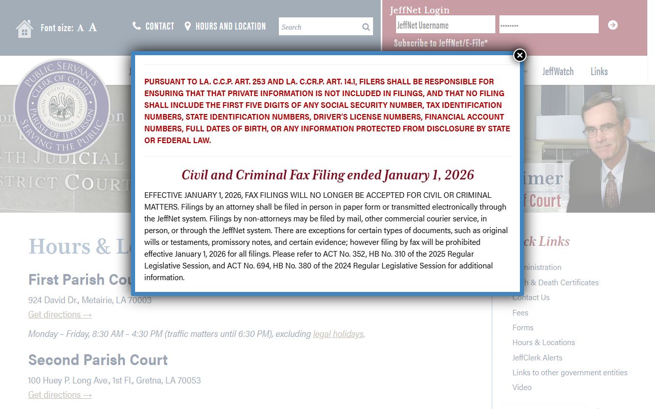 Jefferson Parish Clerk of Court hours and locations page