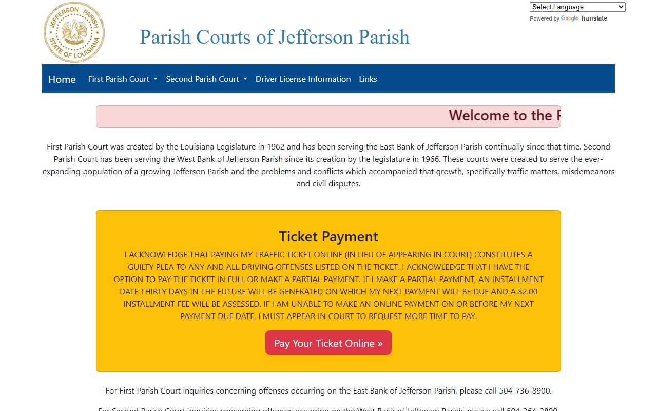 Jefferson Parish Courts website homepage