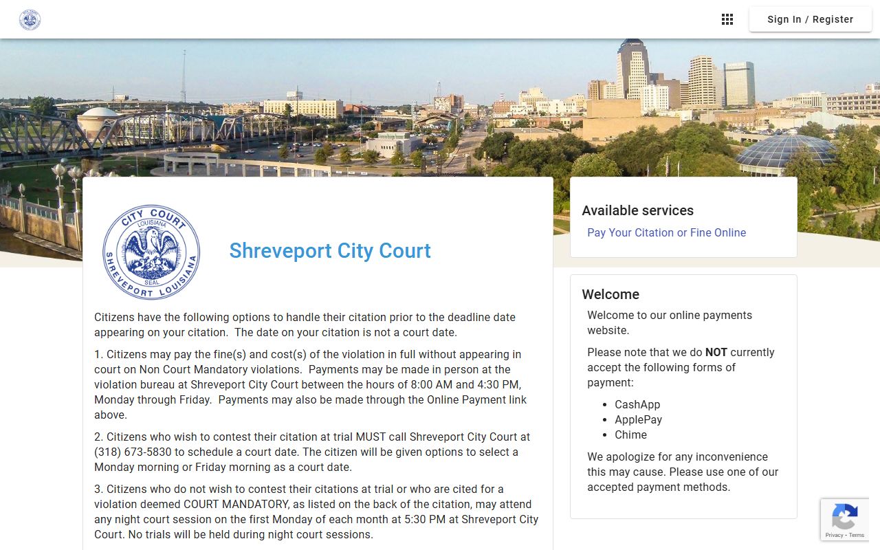 Shreveport City Court online payment portal