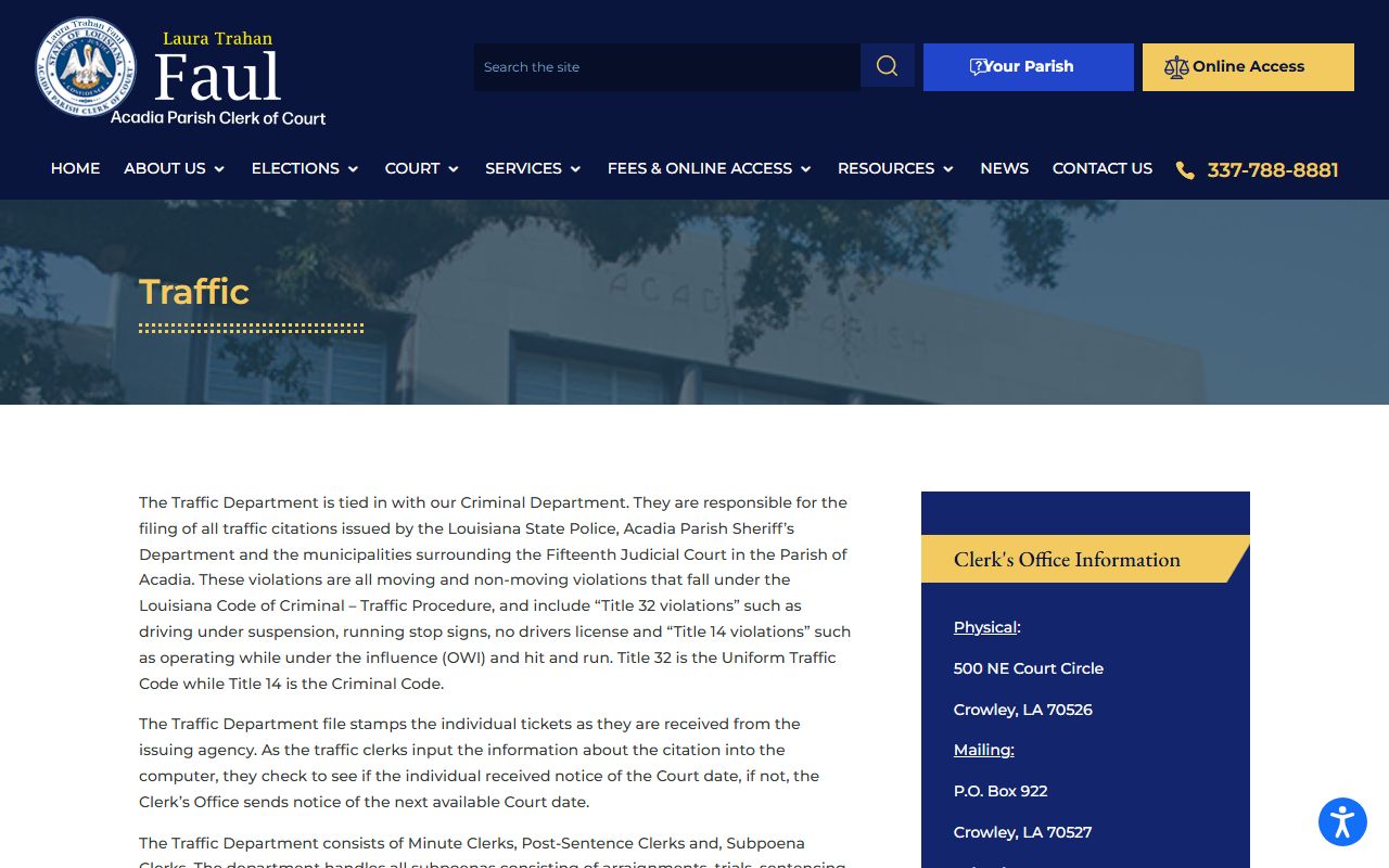 Acadia Parish Clerk of Court traffic department page