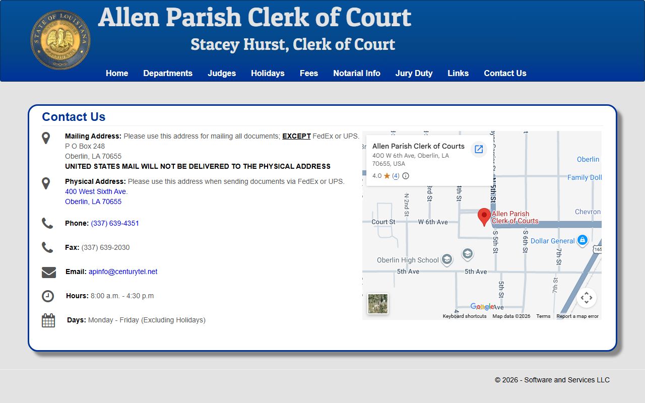 Allen Parish Clerk of Court contact information page