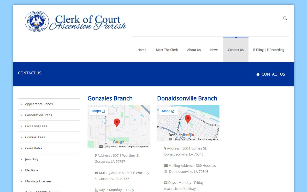 Ascension Parish Clerk of Court contact page with office locations