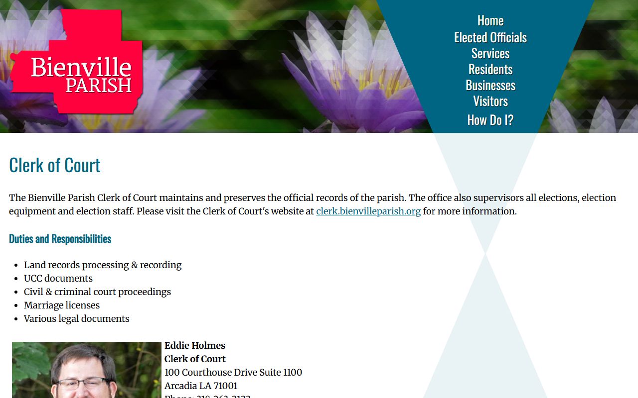 Bienville Parish elected officials page showing clerk of court information