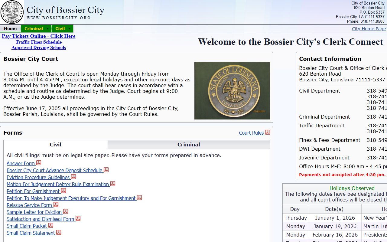 Bossier City Court website showing traffic division and court information