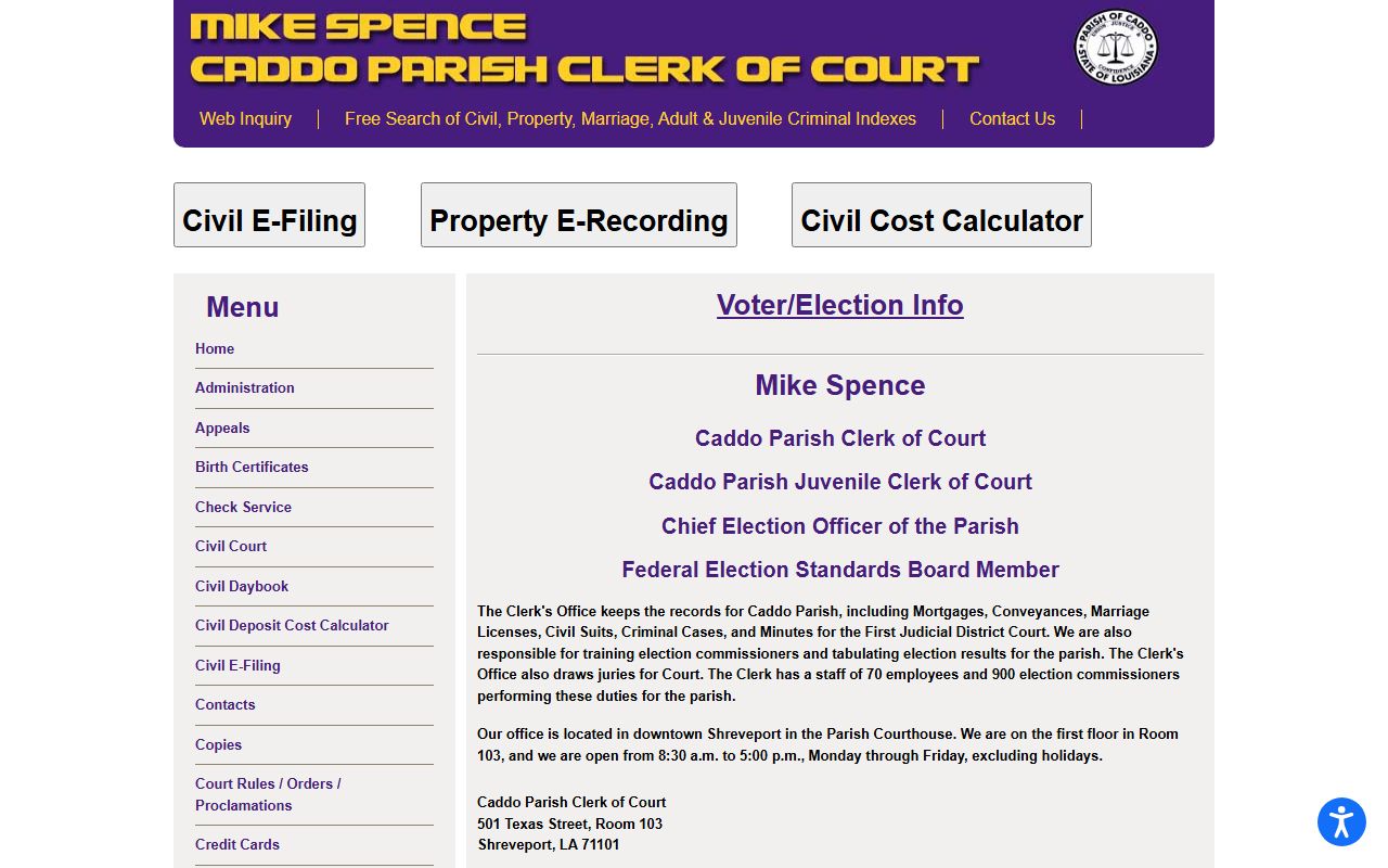 Caddo Parish Clerk of Court website homepage