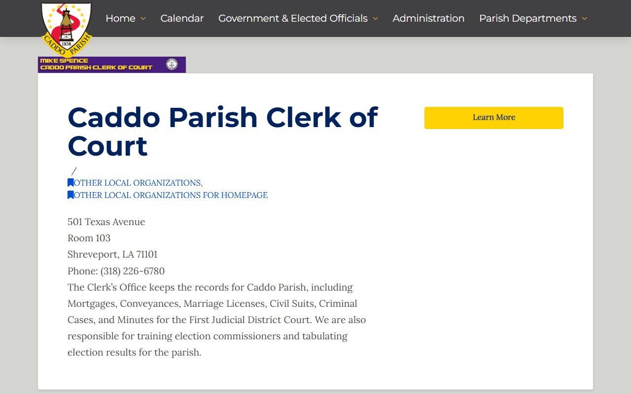 Caddo Parish government page with clerk of court information