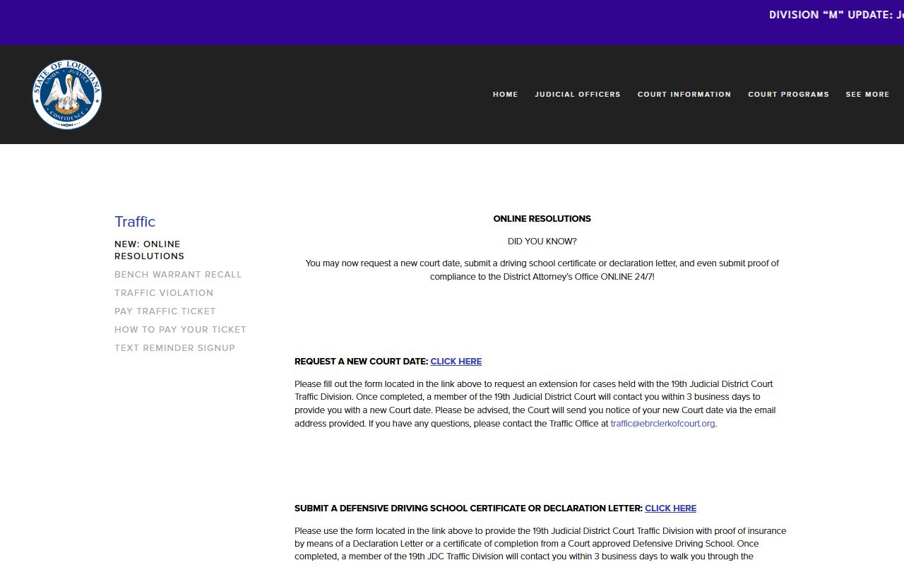 19th JDC online traffic resolution portal for East Baton Rouge Parish