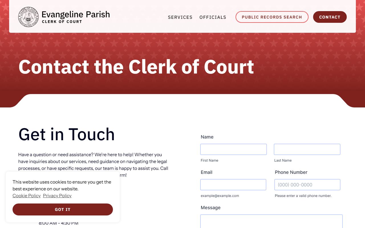 Evangeline Parish Clerk of Court contact page