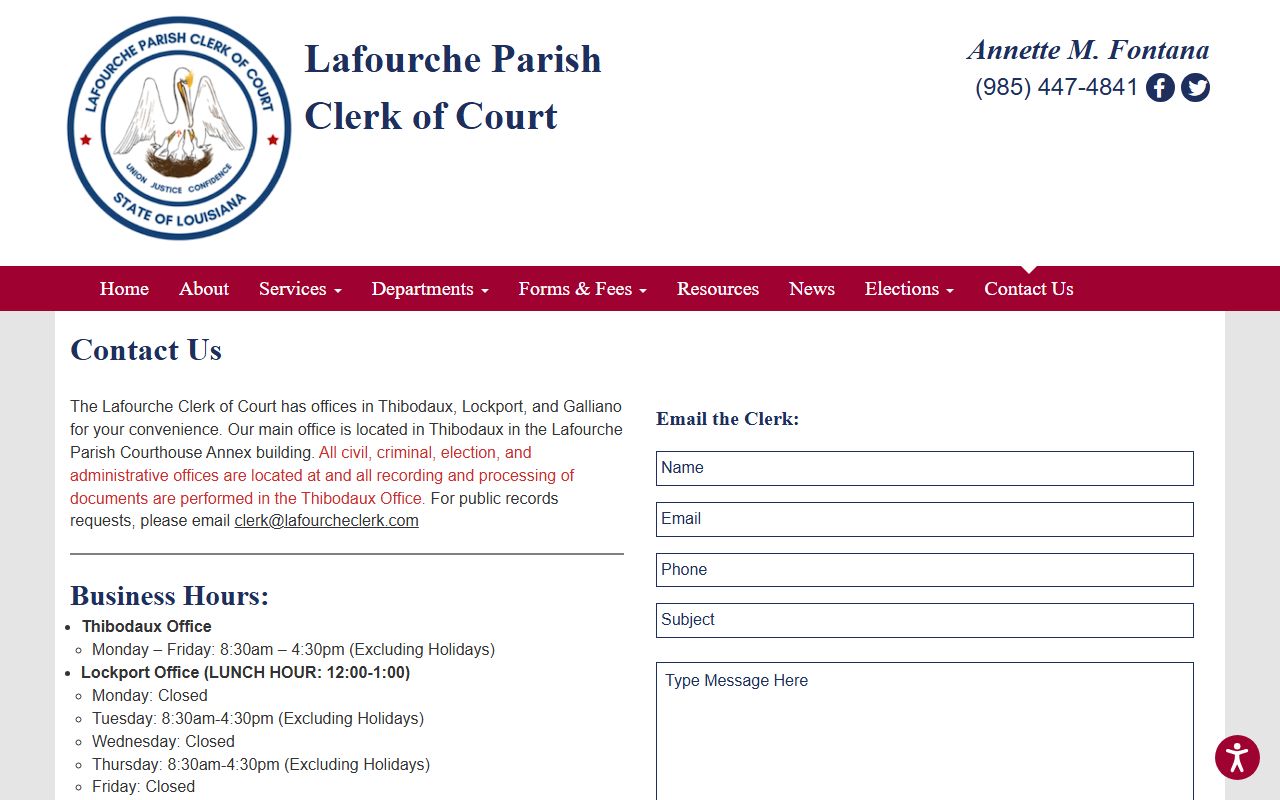 Lafourche Parish Clerk of Court contact page