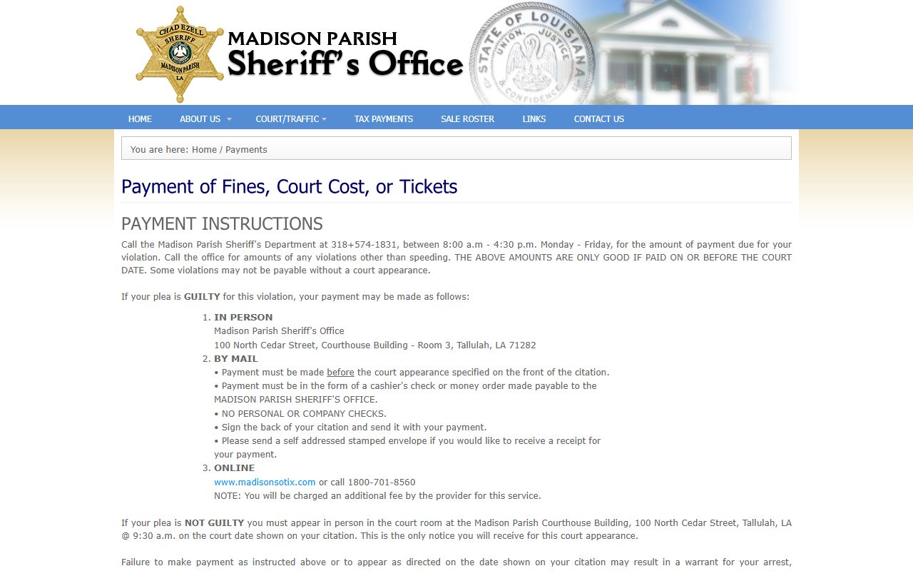 Madison Parish Sheriff traffic fine payment page
