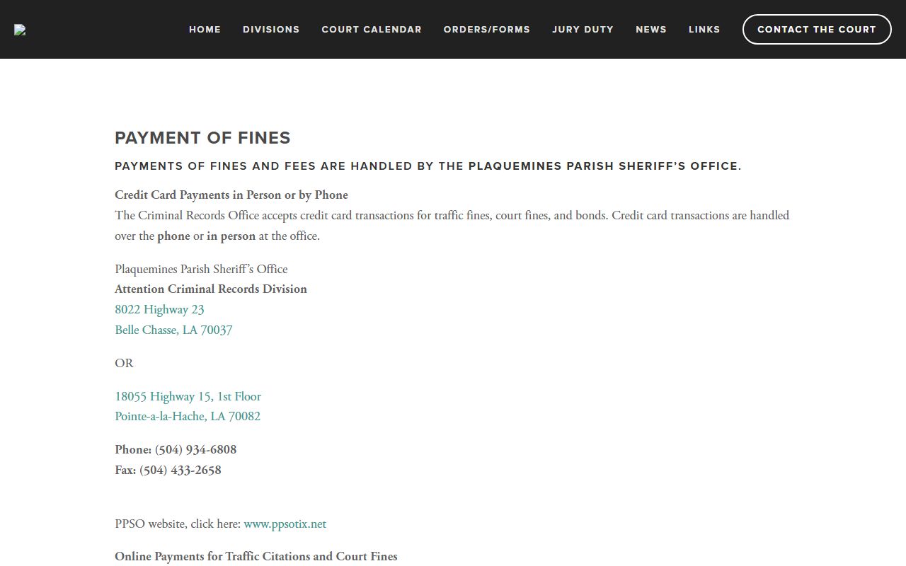 Plaquemines Parish 25th Courts Online fine payment page