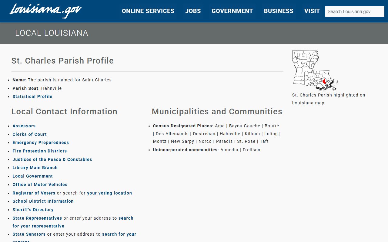 St. Charles Parish Louisiana state directory page for traffic court records