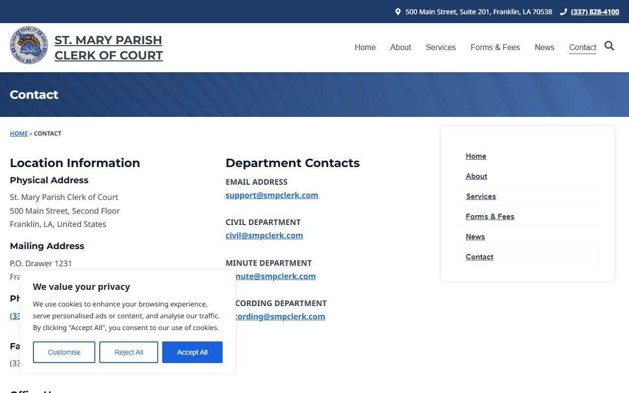 St. Mary Parish Clerk of Court contact page