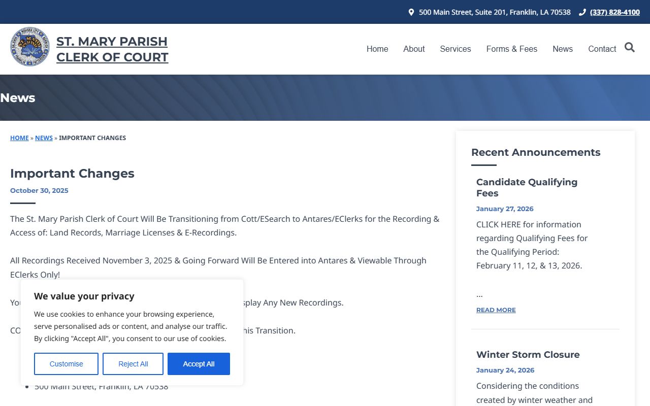 St. Mary Parish Clerk of Court important changes notice