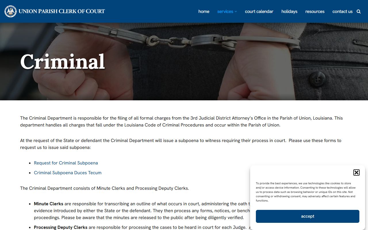 Union Parish Clerk of Court criminal records page
