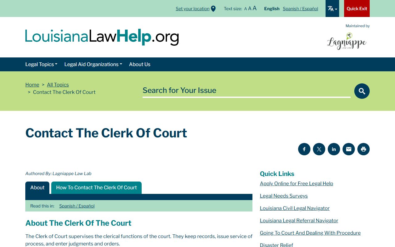 Louisiana Law Help resource for clerk of court contact information and traffic record access