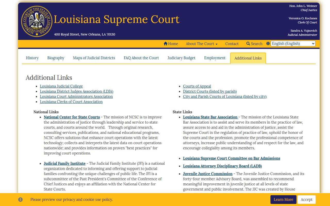 Louisiana Supreme Court directory of traffic courts and clerk offices statewide